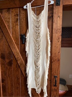 Boho Fringe Open-Weave Cream Maxi Dress beach cover up